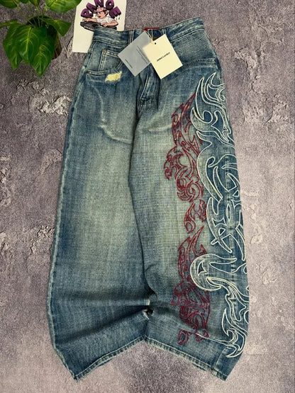 Y2K American Embroidered Baggy Jeans – Men’s Vintage Hip Hop Wide-Leg Casual Streetwear Pants