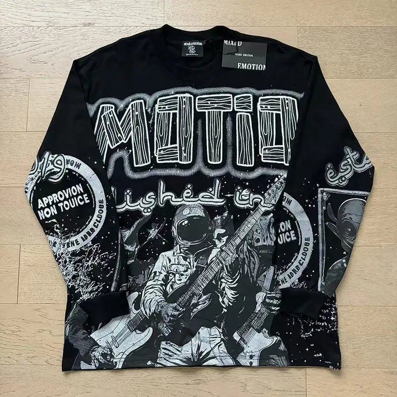 MIXED EMOTION Alien Print Long Sleeve T-Shirt - Unisex Oversized Hip Hop Crewneck Top