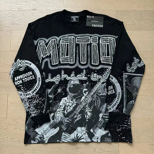 MIXED EMOTION Alien Print Long Sleeve T-Shirt - Unisex Oversized Hip Hop Crewneck Top