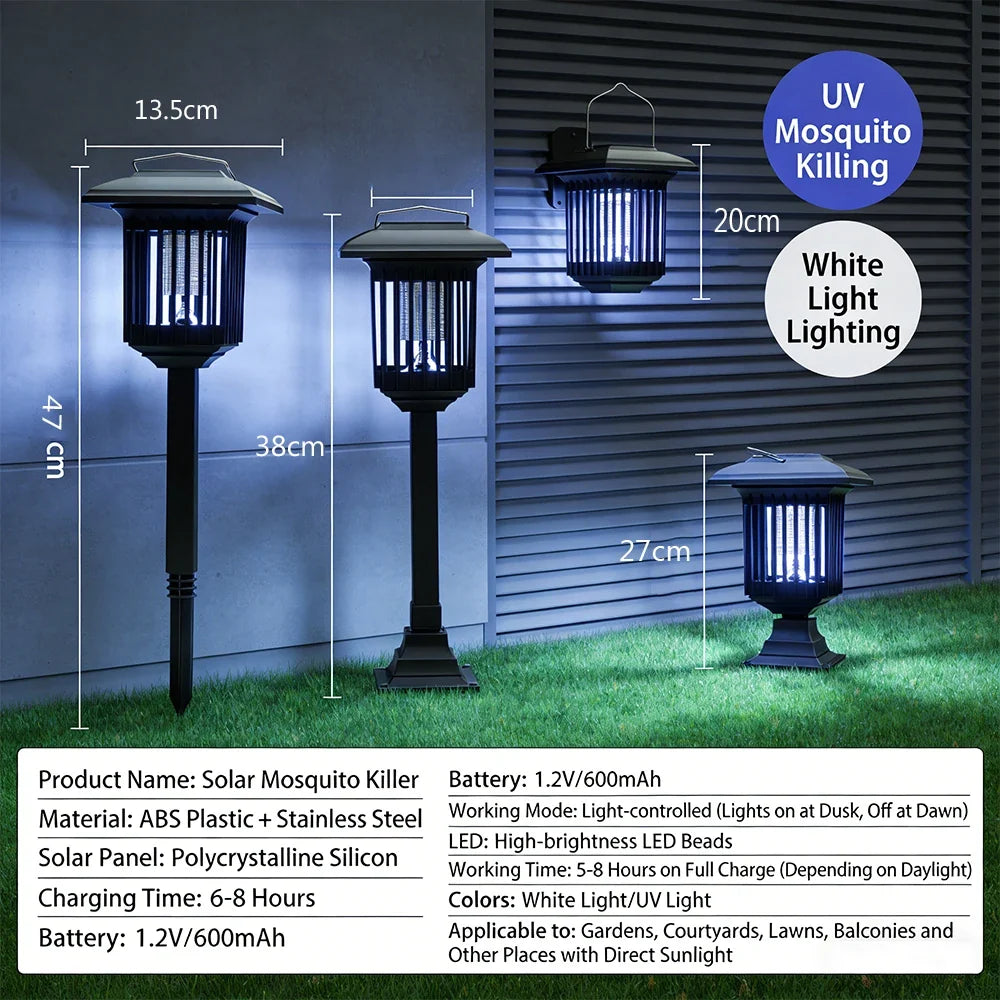Solar Bug Zapper Lamp - Waterproof Cordless Mosquito Killer with UV & White Light for Indoor Outdoor Use
