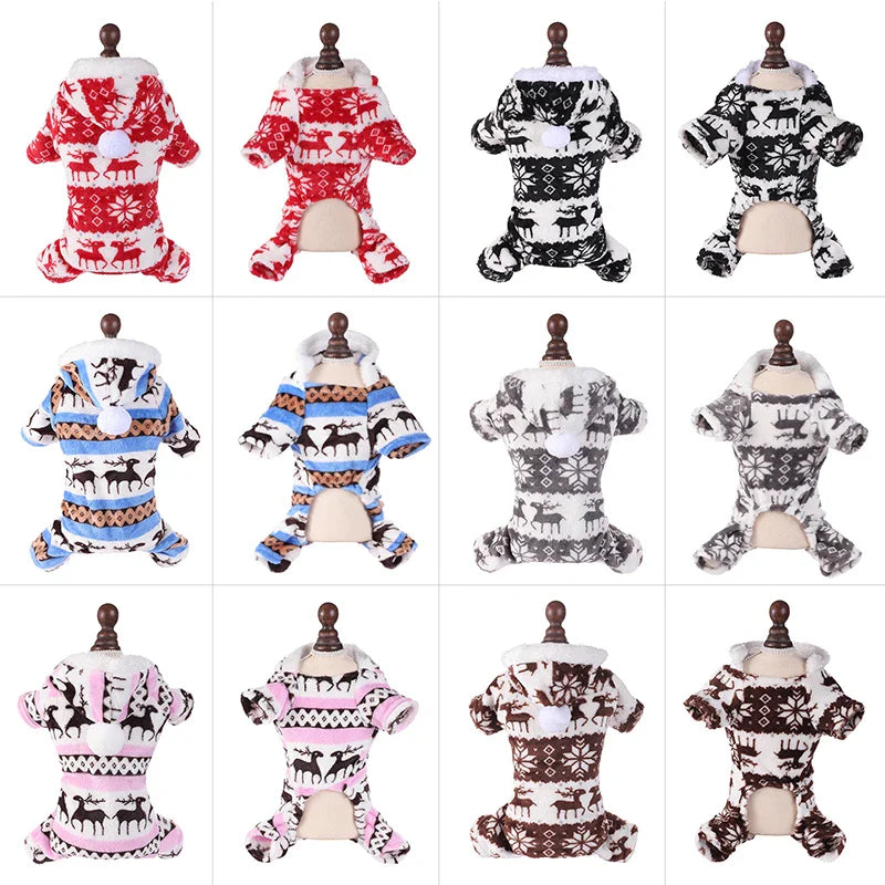 Winter Dog Christmas Jumpsuit – Warm Plush Pajamas for Small to Medium Dogs and Cats, Cute Overalls for Puppies, Yorkies, and Chihuahuas