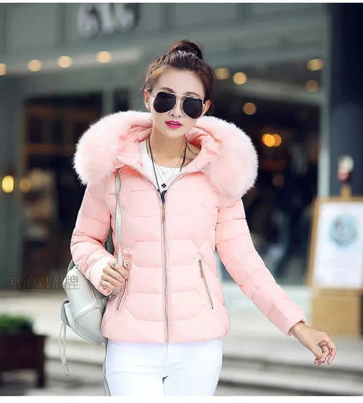2025 Women’s Autumn Winter Short Cotton Coat – Large Size Padded Parka with Fur Collar, Warm Casual Jacket