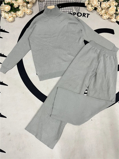 Women’s 2-Piece Autumn & Winter Knitted Tracksuit – Turtleneck Sweater with Straight Jogging Pants Set