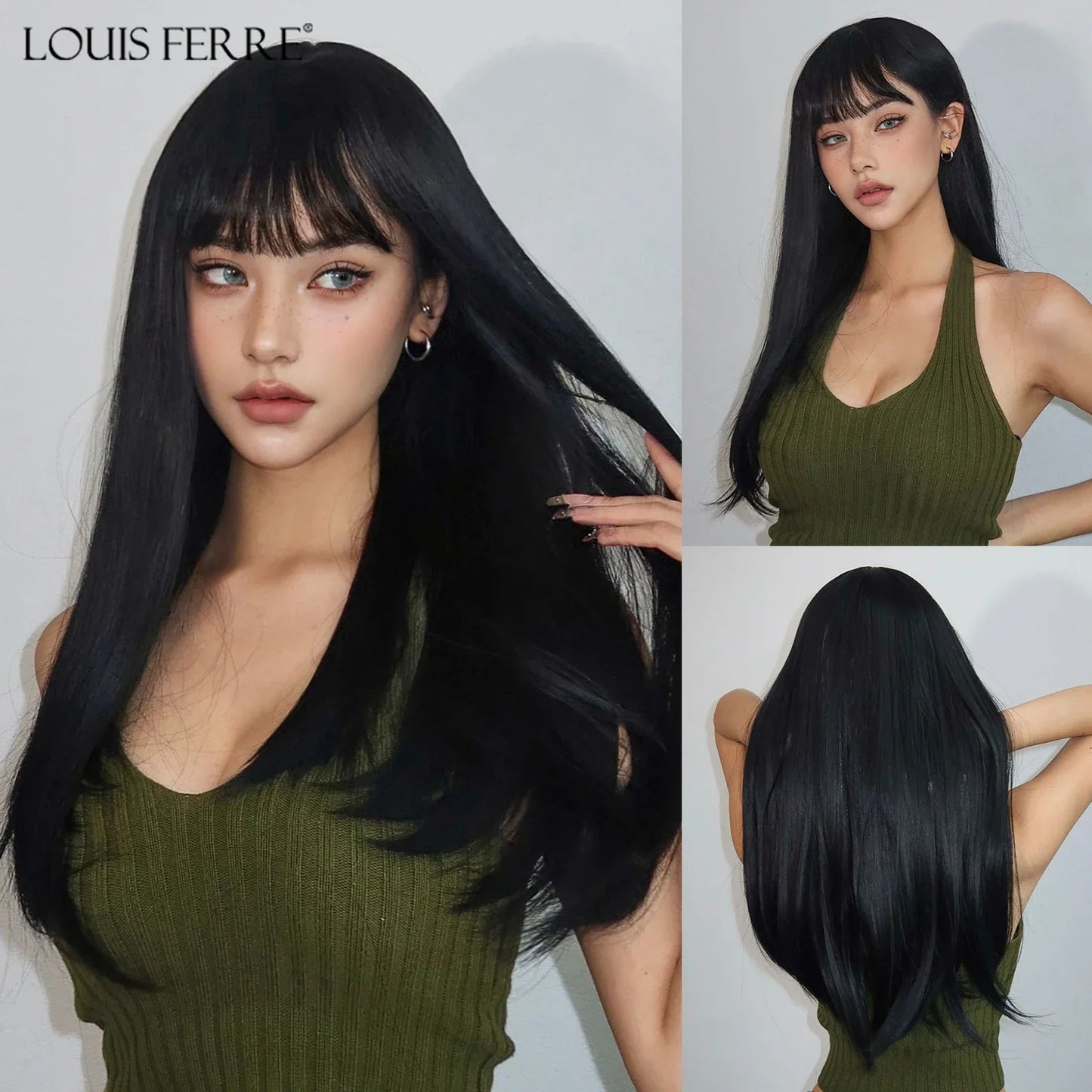 LOUIS FERRE Straight White Synthetic Wig – Long Natural Hair Wig with Bangs, Heat Resistant, Daily Wear for White Women