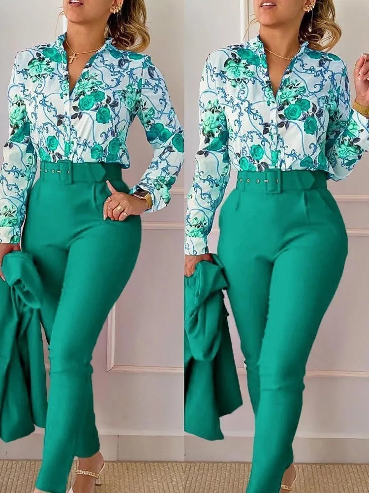 Women’s Autumn Winter Two-Piece Set – Stand Neck Floral Shirt & Pants with Belt, Elegant Casual Outfit