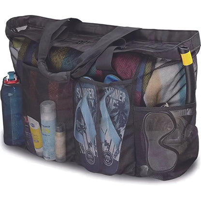 Extra Large Mesh Beach Bag - Breathable Tote with Zipper & Side Pockets, Portable Large Capacity Organizer Bag