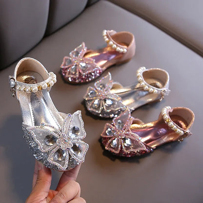 Girls Sequin Pearl Bow Princess Shoes - Elegant Party and Wedding Dance Shoes for Kids