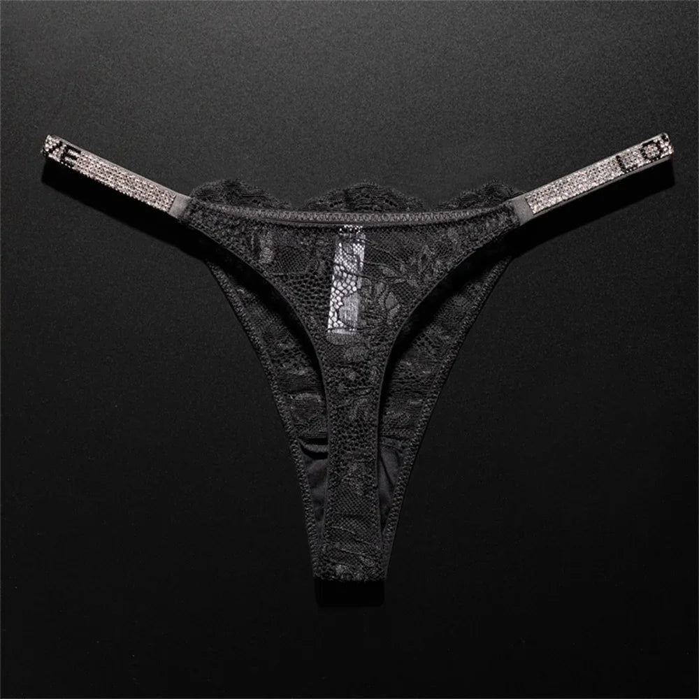 Women's Crystal Lace Thong - Sheer Transparent Breathable T-Back Lingerie Plus Size S-XL