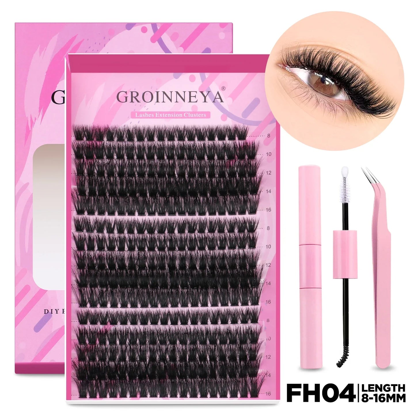 GROINNEYA DIY Lash Extension Kit – Cluster & Individual Lashes Set with Lash Bond & Seal for At-Home Eyelash Extension Makeup