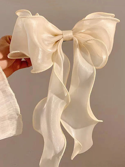 White Organza Bow Hair Clips – Fluttering Ribbon, French Fresh Premium Headdress, Large Hair Accessories for Women & Girls