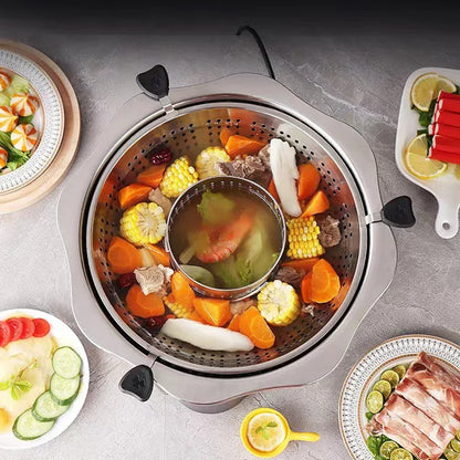 Stainless Steel Rotating Lift Hot Pot - Dual-Sided Mandarin Duck Shabu Shabu & BBQ Steam Pot, Chinese Kitchen Hotpot with Barbecue Feature