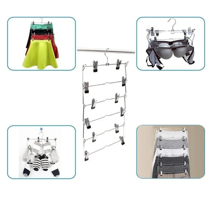 6-Layer Clothes Hangers: Multilayer Skirt Trouser Hanger with Non-Slip Metal Clips - Clothing Storage Rack Holder