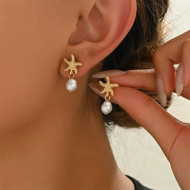 Ocean Style Asymmetric Earrings - Starfish Shell Pearl Zircon Stud Jewelry Gift for Women