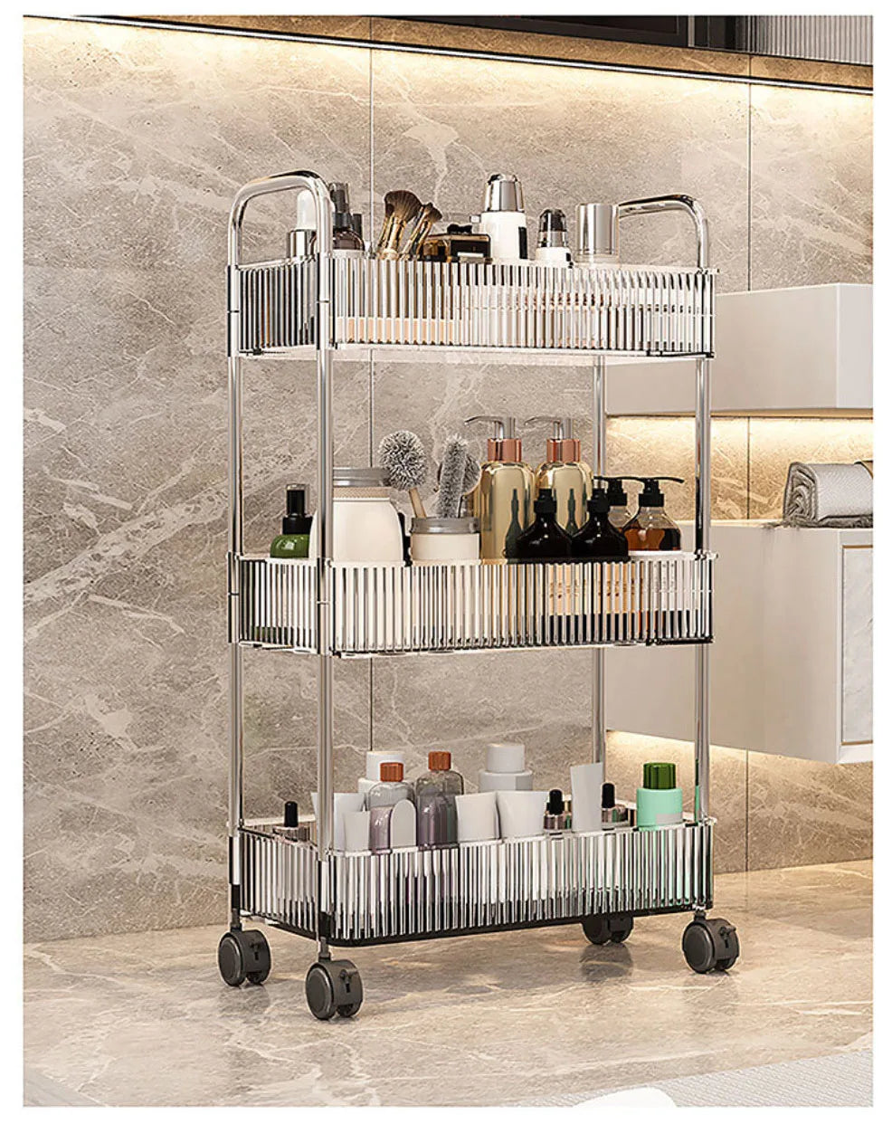 Mobile Shelf with Wheels - Multi-Layer Storage Rack Home Trolley, 2/3/4 Tiers Rolling Cart for Snacks, Cosmetics, and Sundries Organizer