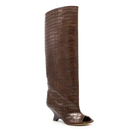 2025 Women’s Fish Mouth Knee-High Boots – Thick Slant Heel Fashion High Heels Spring Summer Large Size