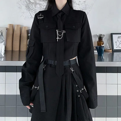 Spring Harajuku Streetwear Two-Piece Skirt Set - Oversize Punk Chain Ribbon Skirts for Women, 2-Piece Suit for Female