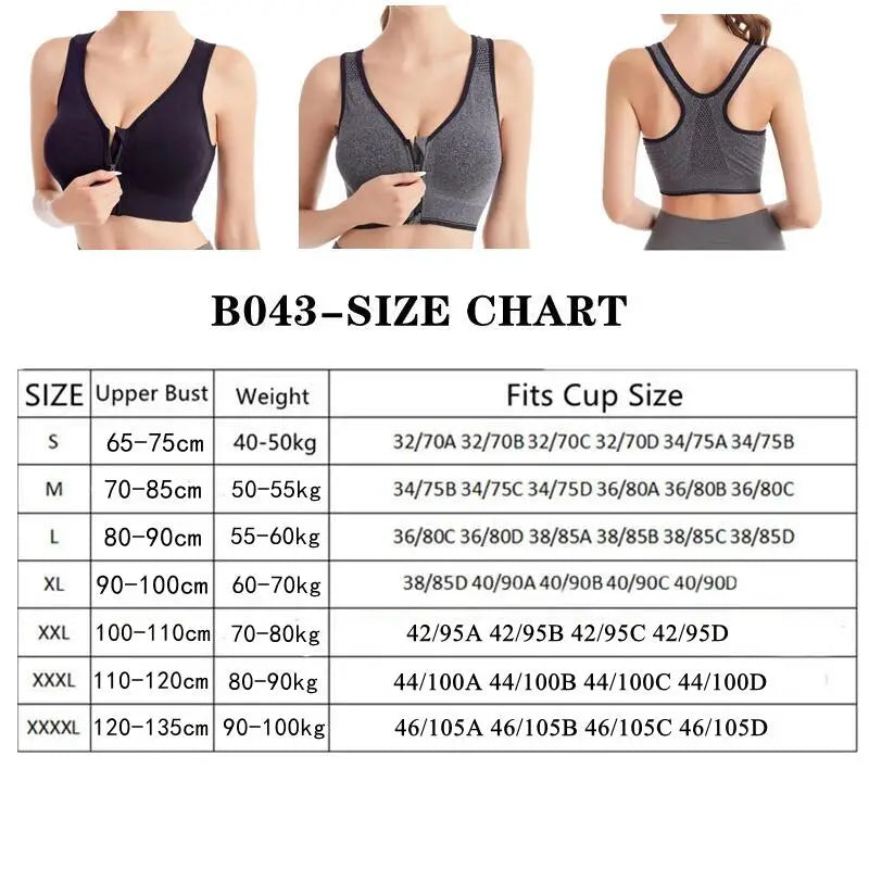 Women’s Front Zipper Sports Bra – Shockproof Seamless Breathable Wireless Fitness & Running Bralette