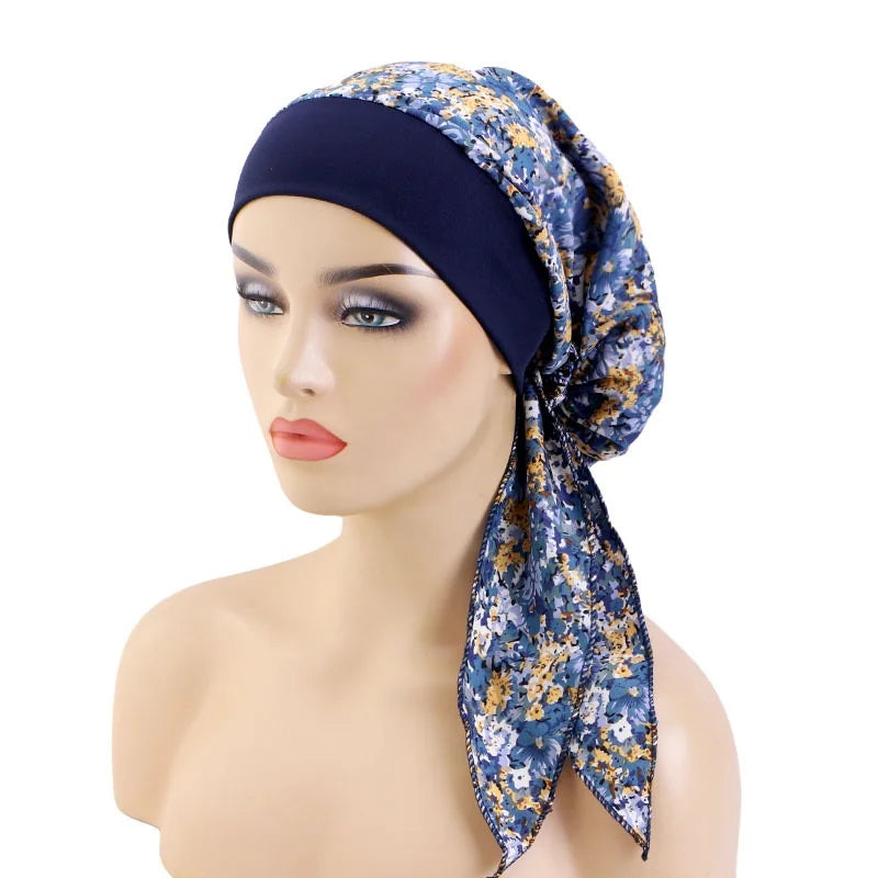 Women’s Pre-Tied Turban Cap – Muslim Hijab & Chemo Hair Loss Head Scarf with Flower Print Stretch Bandana