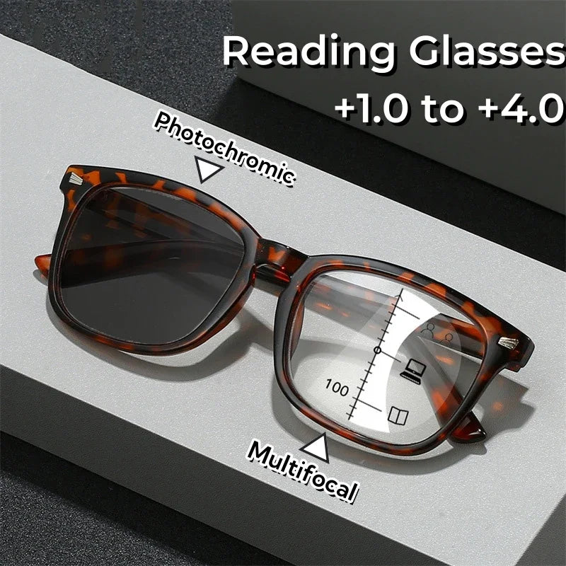 2024 Photochromic Anti-Blue Reading Glasses – Multifocal Presbyopic Eyewear with Intelligent Dual Light for Near & Far Vision
