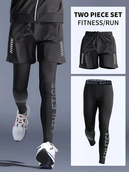 Men’s 2-Piece Sports Set — Tight Cycling & Fitness Shorts, Quick-Dry, High-Elasticity Running & Training Compression Pants