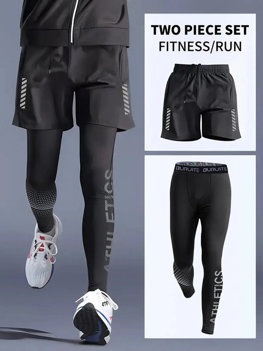Men’s 2-Piece Sports Set — Tight Cycling & Fitness Shorts, Quick-Dry, High-Elasticity Running & Training Compression Pants