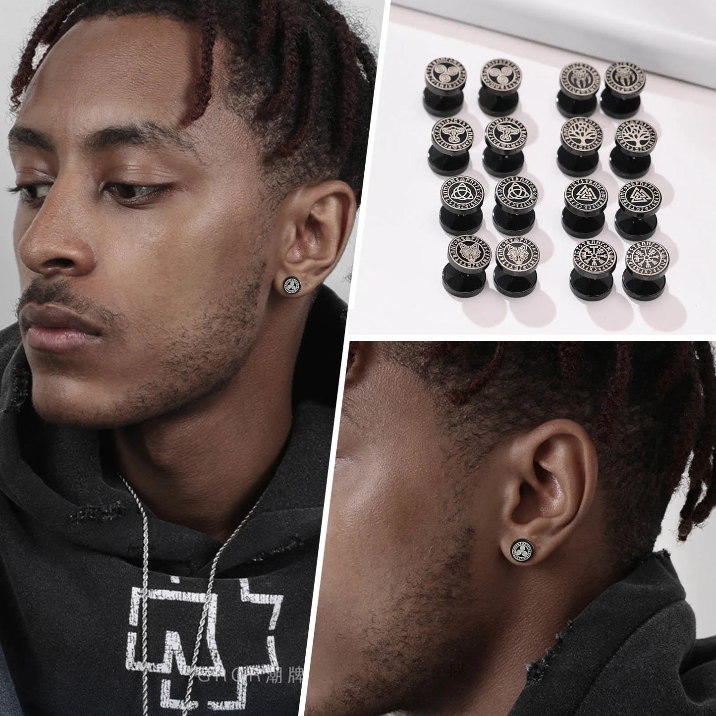 Vnox Men's Viking Black Stud Earrings - Vegvisir & Norse Valknut, Cool Punk Stainless Steel Set