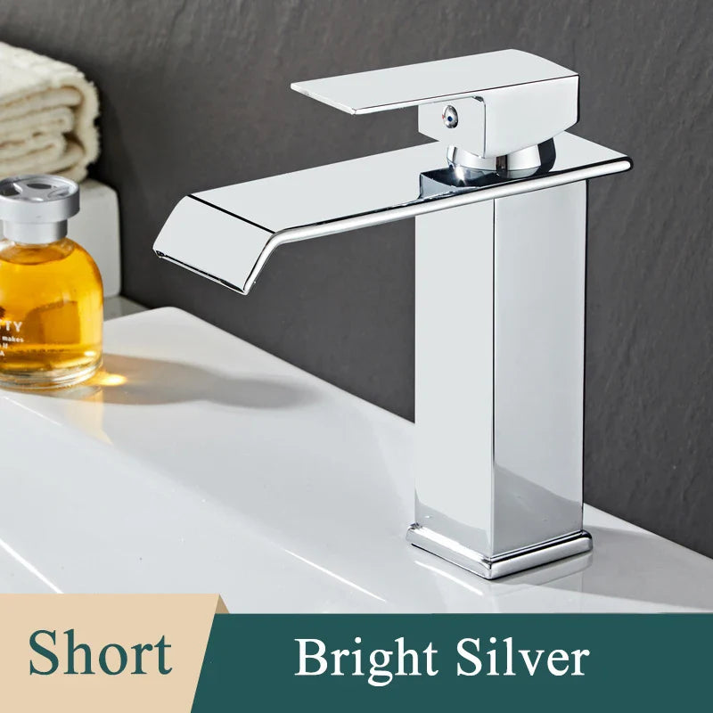 Bathroom Basin Sink Faucet - Deck Mount Waterfall Spout Tap with Single Handle, Hot & Cold Water Mixer for Vanity Washbasin