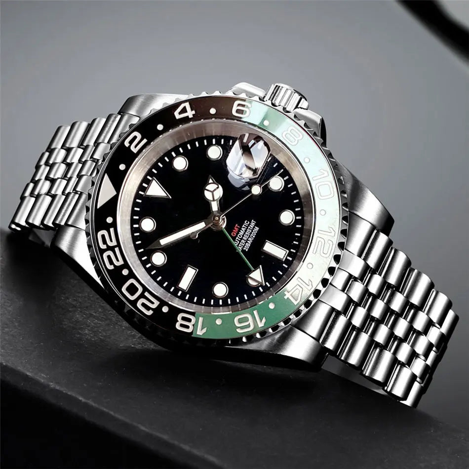 Tandorio 40mm Men’s Automatic Watch – NH34A Movement, GMT Function, Luminous Black Dial, Sapphire Crystal, Auto Date & Rotating Bezel