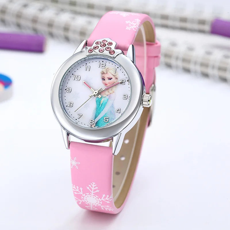 New Princess Elsa Girls Watch – Cute Frozen Cartoon Wristwatch with Leather Strap, Kids Gift Clock