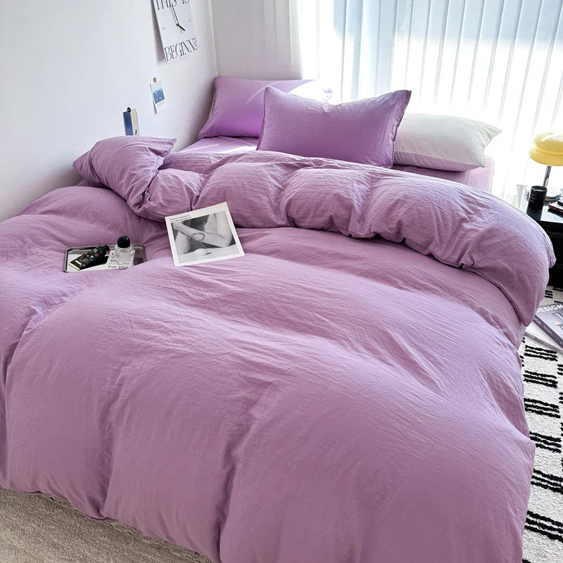 Solid Cotton Bedding Set - Sheet, Duvet Cover & Pillowcase, Single/Double/Twin/King/Queen Size