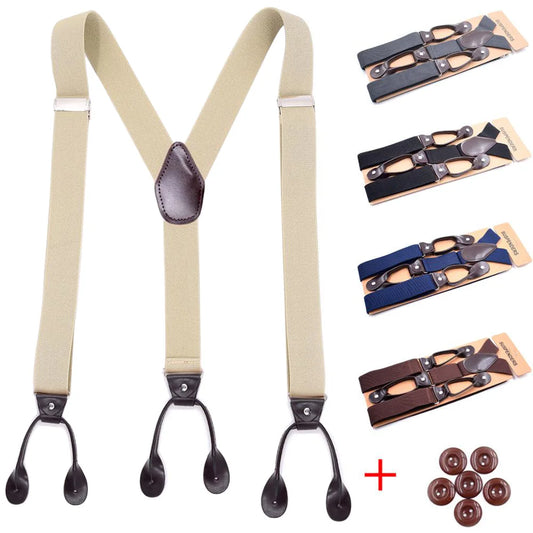 Vintage Leather Trimmed Suspenders | Men Women Adult | Button End Y-Back | Adjustable Elastic Trouser Braces Straps | Wedding Party Belt