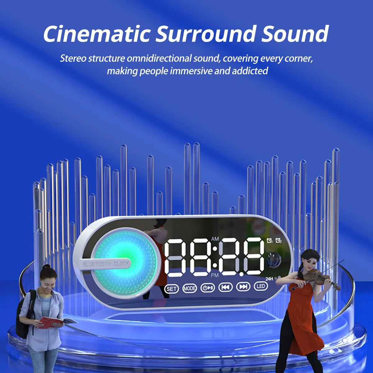 Quiet Wireless Bluetooth Speaker Alarm Clock – RGB TWS LED Mirror Digital Clock with USB, FM, Large Display for Living Room & Office