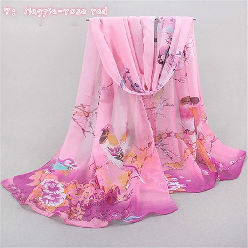 Women’s Chiffon Scarf – Long Butterflies & Branch Pattern Shawl, Elegant Versatile Retro Fashion Accessory