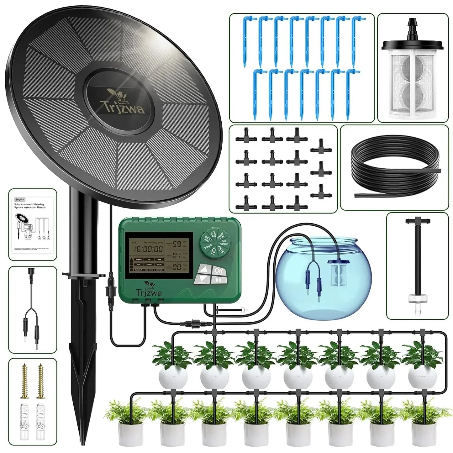 Solar Drip Irrigation System Kit – Automatic DIY Garden Watering Timer with Display Screen for Plants & Travel Use