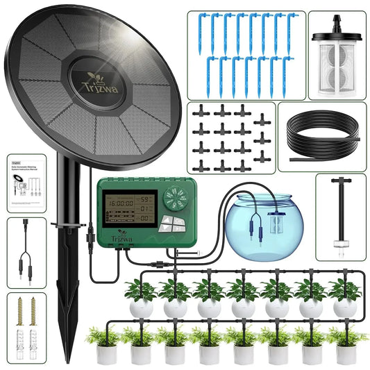 Solar Drip Irrigation System Kit – Automatic DIY Garden Watering Timer with Display Screen for Plants & Travel Use