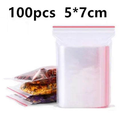 100pcs 50 Micron Clear PE Zip Lock Bags – Reclosable Plastic Pouches for Candy, Cookies & Dried Fruits