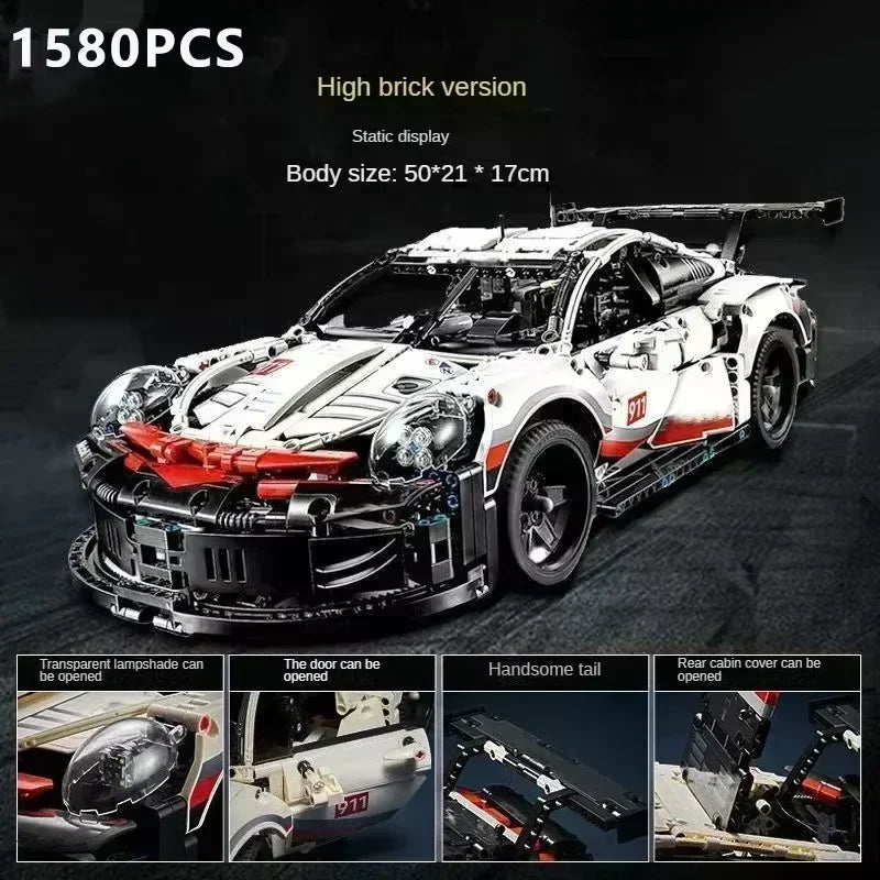 911RSR 1580PCS RC Racing Car Building Set – Technical Model with LED Lights, MOC Bricks Adult Toy Gift