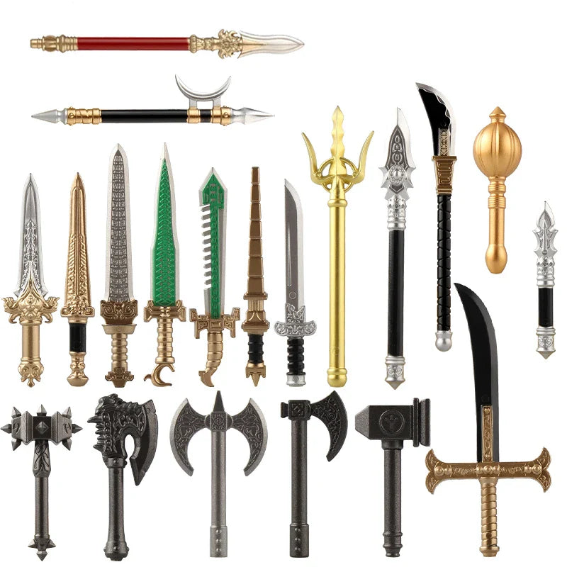 Medieval Figure Weapons Building Blocks Kit – King Sword, Lion Shield, Trident & Double-Edged Axe Battle Toy