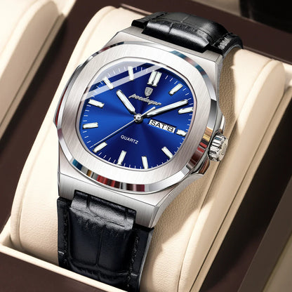 POEDAGAR Luxury Men’s Square Quartz Watch – Luminous Waterproof Leather Strap with Week Calendar