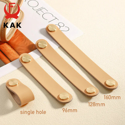KAK Cowhide Leather Cabinet Handles – Nordic Style Furniture Pulls for Kids Room, Brass & Copper Kitchen Drawer Knobs, Door Hardware