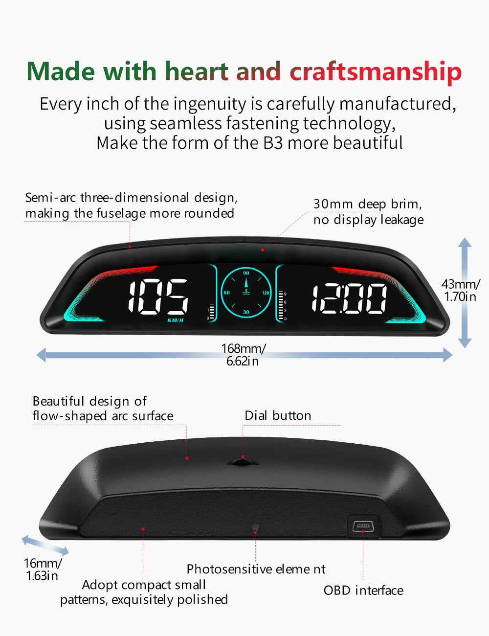 Multi OBD Meter B3 HUD – Speed, RPM, Water Temp, Fuel, Time with Overspeed, Voltage Alarm & Drive Reminder