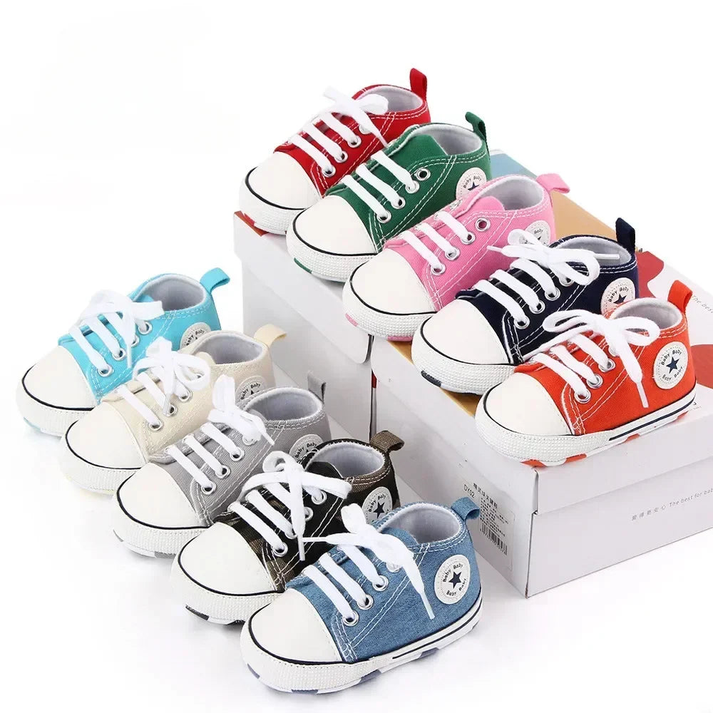 Baby Canvas Sports Sneakers - Newborn Boys and Girls First Walkers, Anti-Slip Star Print Toddler Shoes