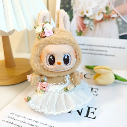 Mini Plush Doll Clothes Bud Skirt with Pearl Hair Accessory — Labubu I & II Kpop Idol Doll DIY Outfit Gift