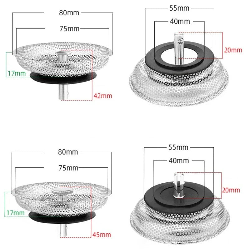 Stainless Steel Waste Plug Sink Strainer - Basin Drain Filter and Shower Floor Sewer Mesh Hair Catcher for Kitchen and Bathroom