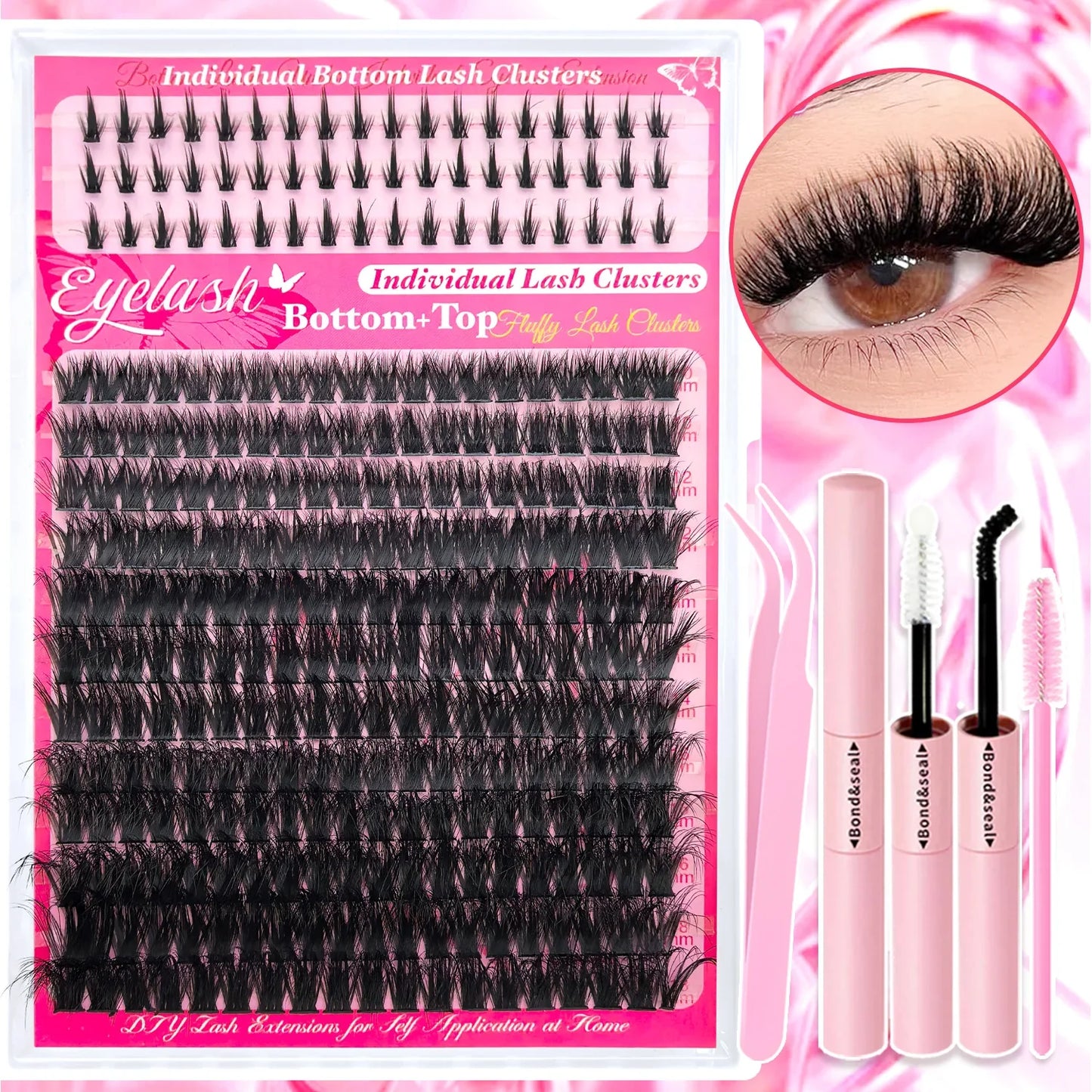 Top & Bottom Lash Extension Kit – 250/740 Cluster Fluffy Volume Mix Lengths DIY Eyelash Set for Bold Bombshell & Natural Lash Looks