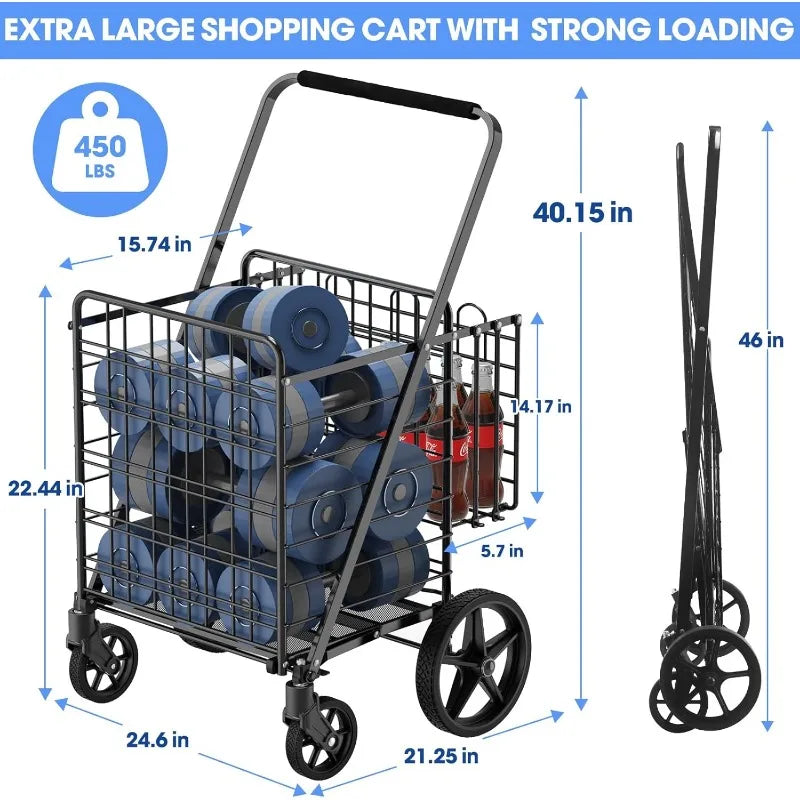 Extra Large Collapsible Grocery Cart on Wheels — Heavy Duty Shopping Cart with Baskets & Waterproof Liner