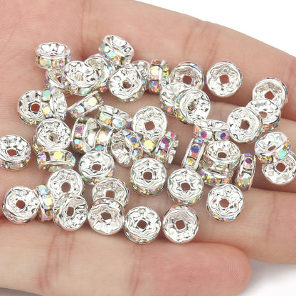 50PCS Rhinestone Spacer Beads Set – Multi-Color Crystal Rondelle Metal Beads for DIY Jewelry & Bracelet Making