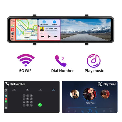 Imagebon 12" 4K Car Mirror – Wireless CarPlay, Android Auto, ADAS, Rearview Camera, GPS, FM, Night Vision Video Recorder