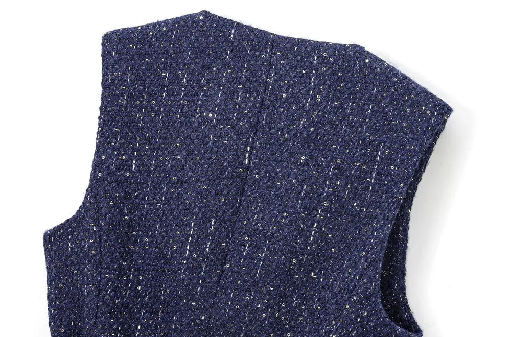 TRZA Women’s Tweed Waistcoat — Sleeveless O-Neck Top with Belt & Front Buttons, Chic Fashion Outerwear