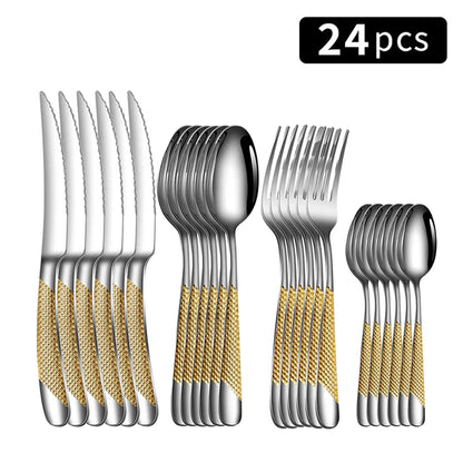 24-Piece Stainless Steel Tableware Set – Star Design Steak Knives, Forks, Dessert Forks, and Spoons for Family Use